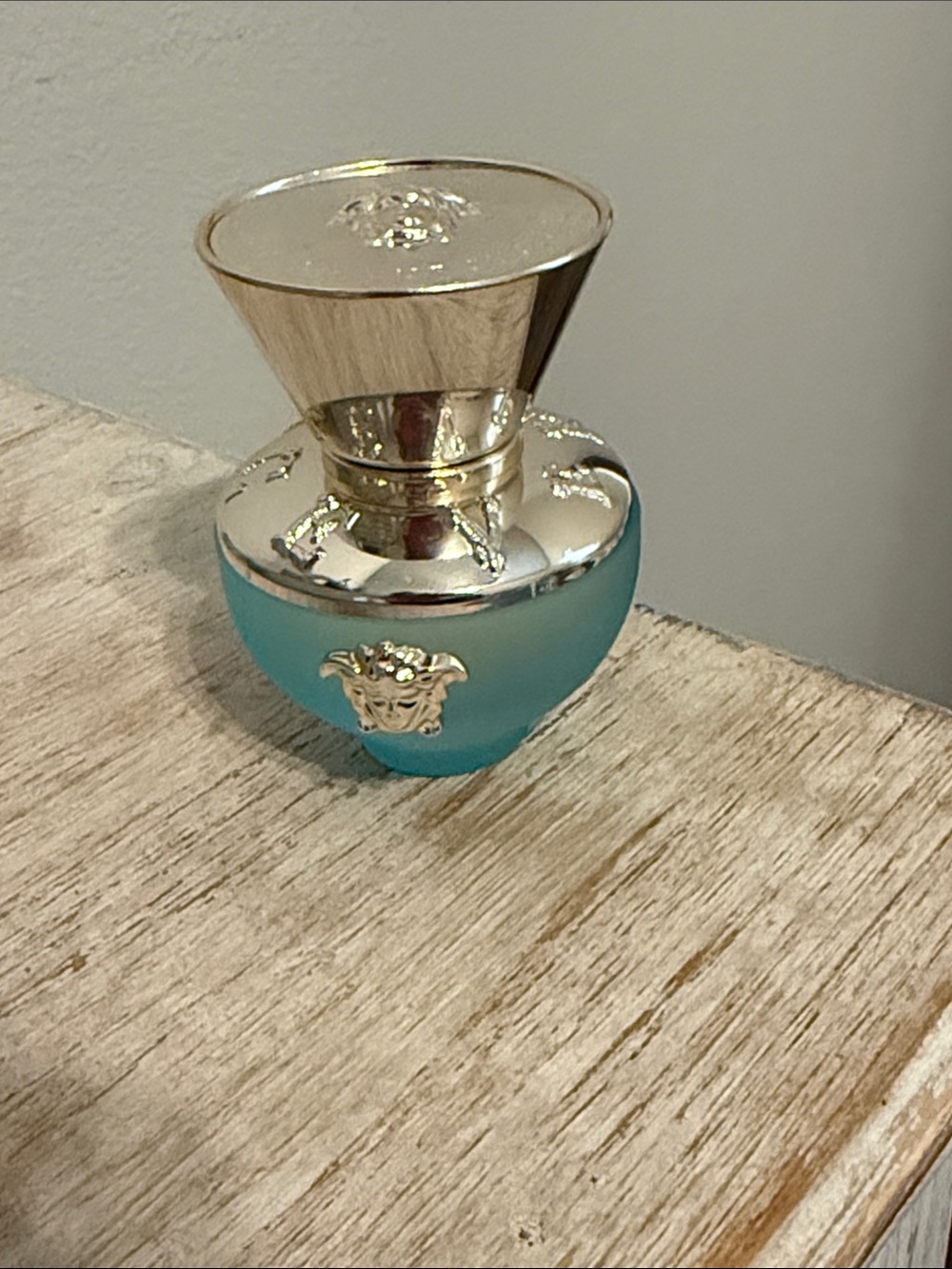 Versace Turquoise Glass Accent Jar with Gold Medusa Lid